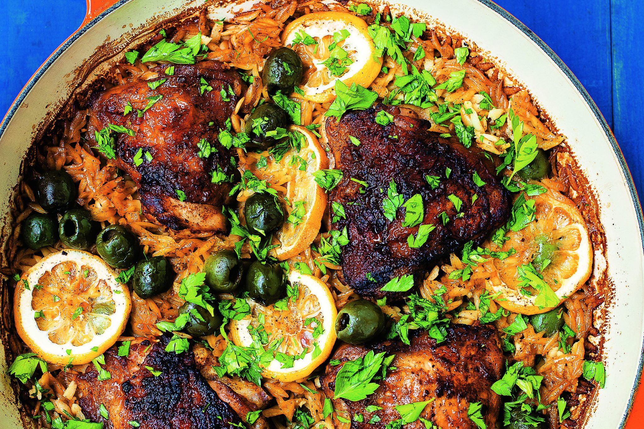 One Pot Paprika Chicken with Orzo and Olives