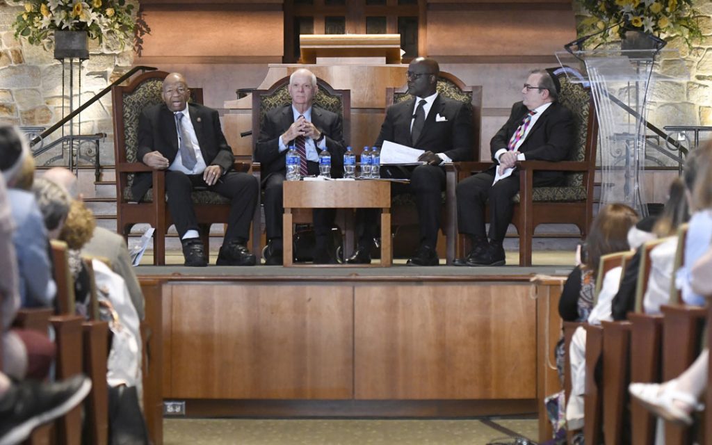 Sen. Benjamin L. Cardin (D-Md.), Beth Tfiloh’s Rabbi Mitchell Wohlberg, Rep. Elijah Cummings (D-7th) and Dr. Terris A. King, senior pastor of Ashburton’s Liberty Grace Church of God