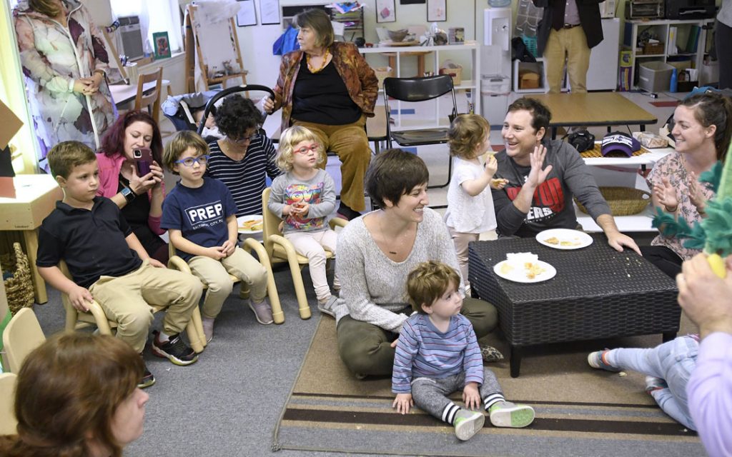 Children and their parents participate in the "Sukkot Under the Stars" event at Beth El preschool in Federal Hill. (Photo by Steve Ruark)