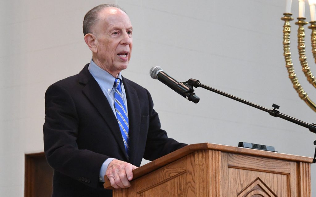 Beth Am congregant and benefactor Mark Joseph speaks at the rededication ceremony. (Photo by Jim Burger)