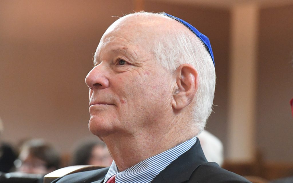Sen. Benjamin L. Cardin listens to a speaker at the Beth Am rededication ceremony. (Photo by Jim Burger)
