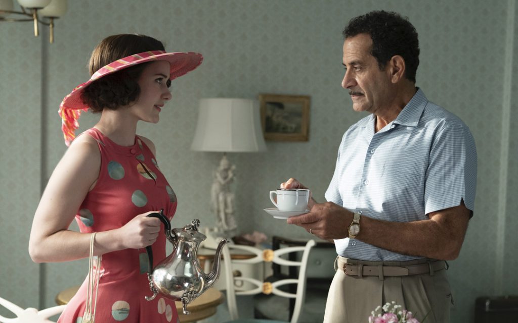 Tony Shalhoub is shown with star Rachel Brosnahan in season 3 of "The Marvelous Mrs. Maisel." (Amazon Studios)