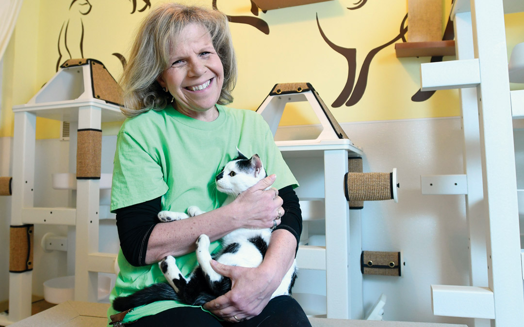 Liz Schuman, who recently became a Baltimore Humane Society volunteer, shares a cuddle with her new feline friend, Arrow. (Photo by Steve Ruark)