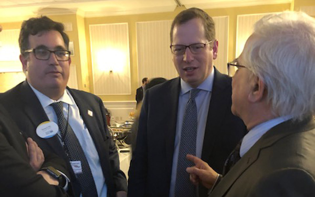 The Baltimore Jewish Council’s Howard Libit (left) and Yehuda Neuberger (center) chat with Del. Samuel I. “Sandy” Rosenberg (D-41st) during this year’s Maryland Jewish Advocacy Day. (Photo by Peter Arnold)