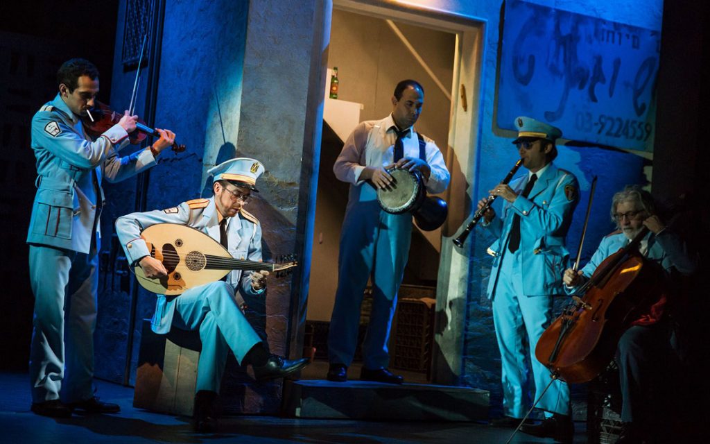 Boys in the Band: (Left to right) George Abud, Harvey Valdes, Ossama Farouk, Sam Sadigursky and Garo Yellin portray members of the Alexandria Ceremonial Police Orchestra in “The Band’s Visit,” which will be presented at the Hippodrome Theatre from Mar. 17-22. (Provided photo)