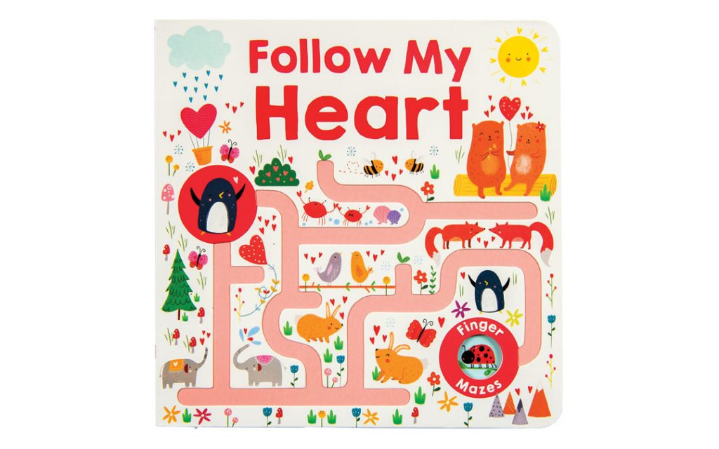 Celebrate Valentine’s Day with the whole family and help the animals find their pairs in this book of mazes. “Follow My Heart,” from Wee Chic; Priddy Book, $7.99.