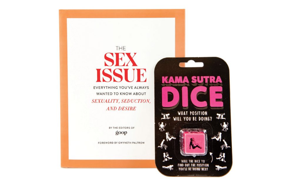 Looking for some heat? Spice it up in the bedroom with this dice-and-book combo. Kama Sutra Dice from Becket Hitch; Gift Republic, $6.50. “The Sex Issue,” by Grand Central Life and Style from Becket Hitch, $26.