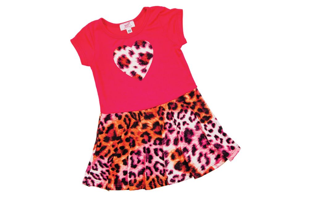 A fierce outfit for Valentine’s Day, and any other day for that matter! Heart Leopard Bottom Dress from Wee Chic; Sofi, $46.50.