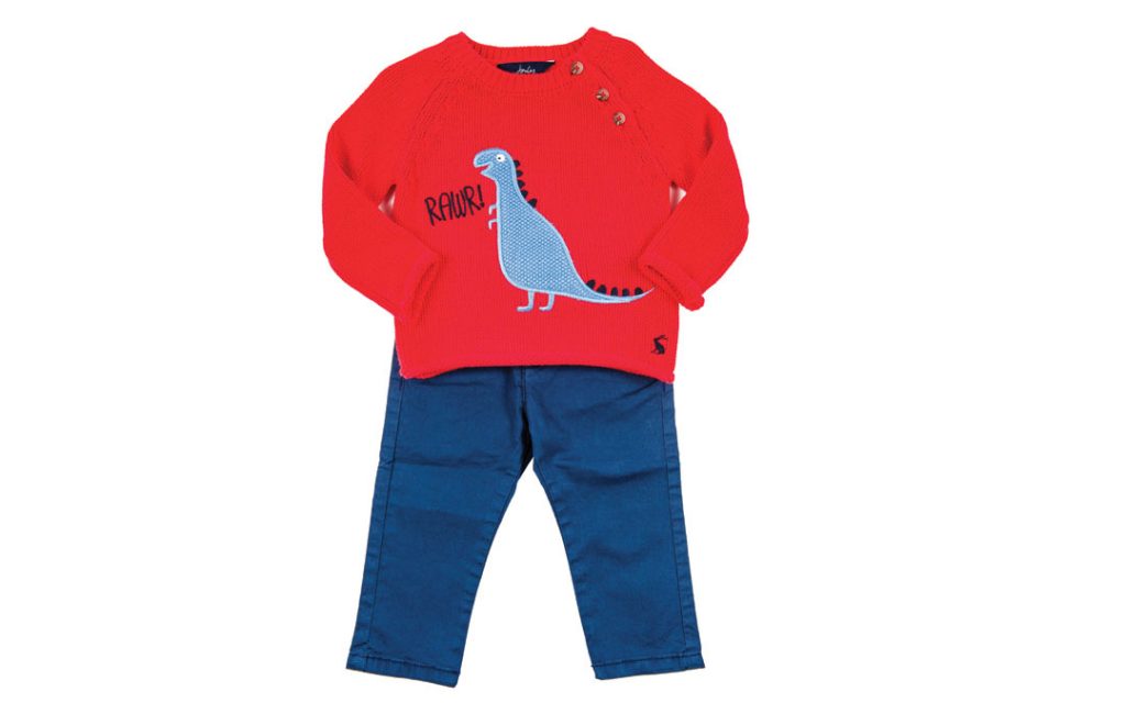 The littlest love in your life is sure to have a roarin’ good time in this sweet ensemble. Rawr Dino Sweater from Wee Chic; Joules, $50. Navy Twill Pants from Wee Chic; Mayoral, $28.