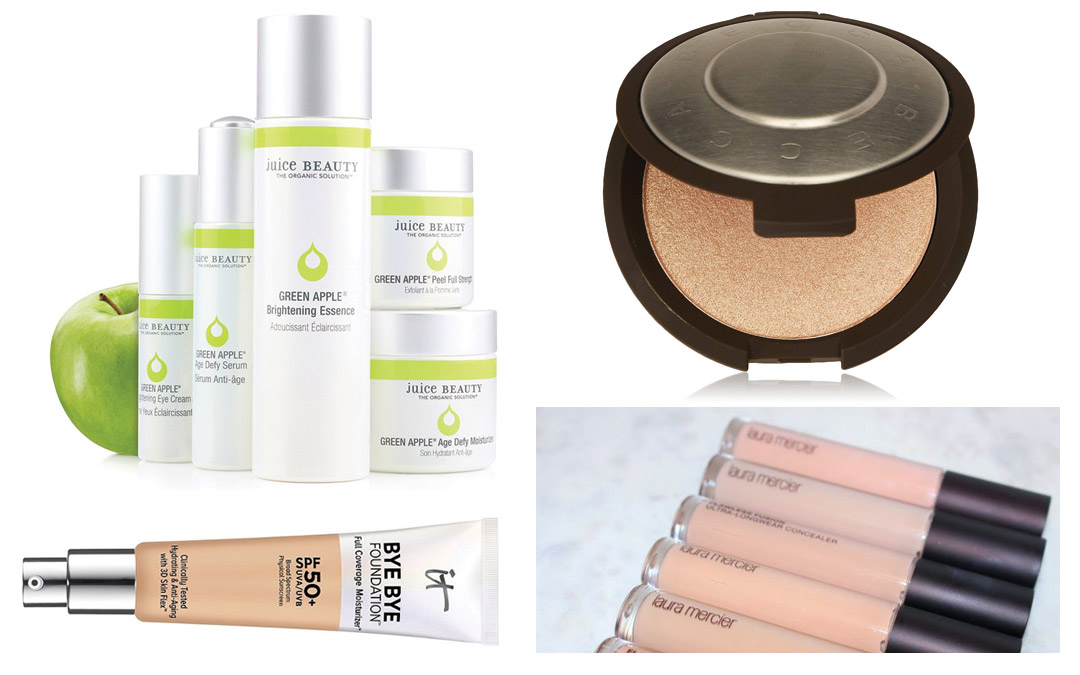 (Clockwise starting from left) Juice Beauty: The Organic Solution, Becca Shimmering Skin Perfector Pressed Highlighter, Laura Mercier Flawless Fusion Ultra-Long Wear Wand Concealer, IT Cosmetics Bye Bye Foundation Full Coverage Moisturizer