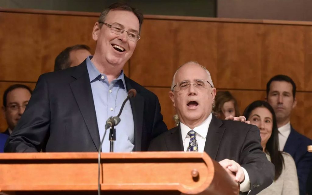 Beth El's Cantor Thom King (left) is shown here in 2017 at a Chanukah service singing with Hazzan Emeritus Emanuel C. Perlman of Chizuk Amuno Congregation.
