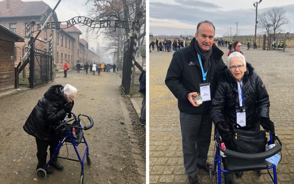 Lois Flamholz in front of the Arbeit Macht Frei gate and with her son, Allan. (Provided photos)