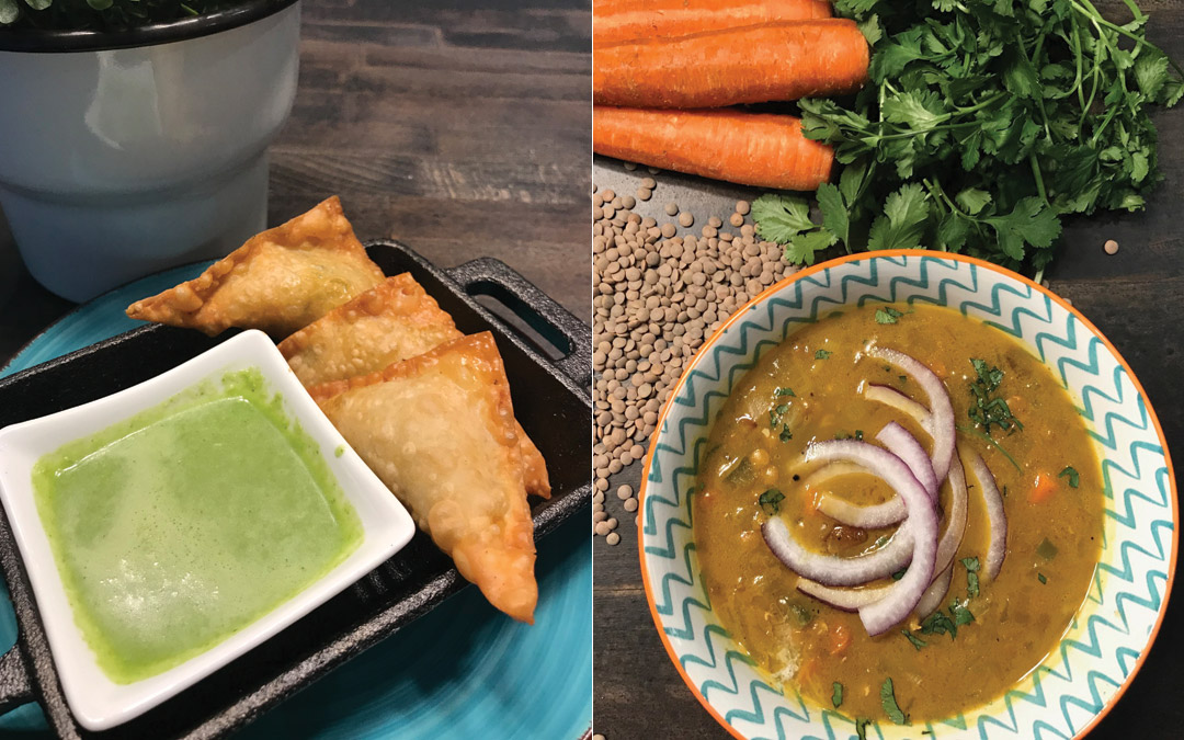 Among the small plates served at The Verandah is the chicken tikka masala samosas (right) and mulligatawny soup, which is served with whole red lentils, apples, carrots and potatoes.