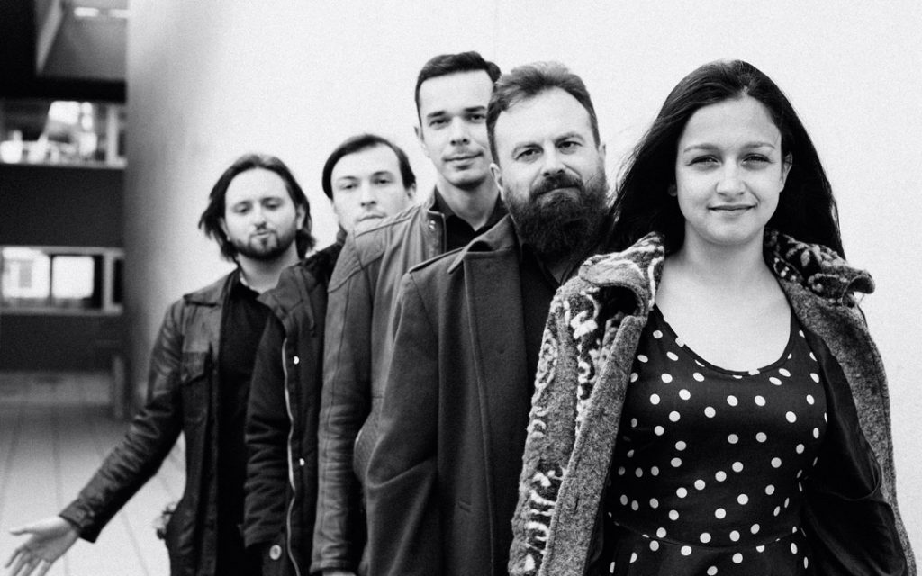 The Yiddish psychedelic rock band Forshpil features (from right to left) singer Sasha Lurje, violinist Mitia Khramtsov, drummer Zheka Lizin, guitarist Roman Shinder and keyboardist/arranger Ilya Shneyveys.