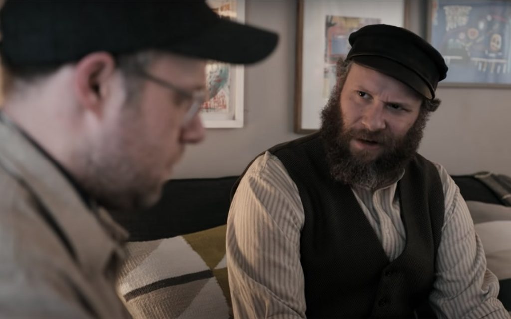 Seth Rogen plays an early 20th-century immigrant, right, and a modern-day dude, left, in "An American Pickle."