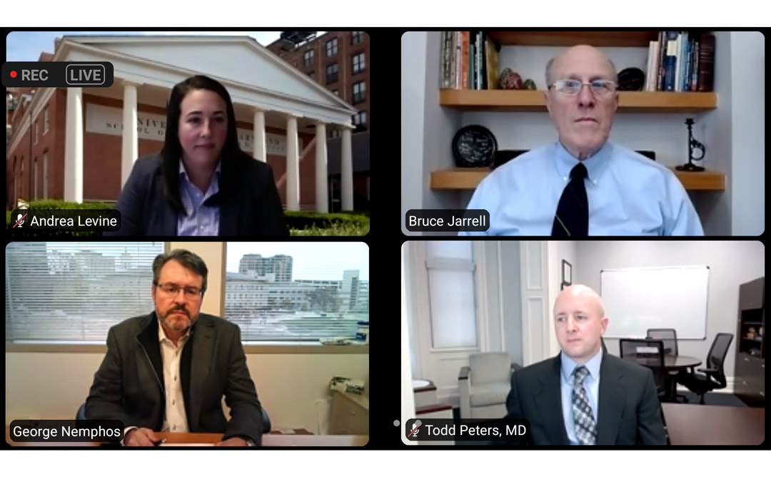 Andrea R. Levine, MD, Bruce E. Jarrell, MD, FACS, George Nemphos, and Dr. Todd Peters participate in Jmore's JBiz 2020 Innovation in Health Care Virtual Event.