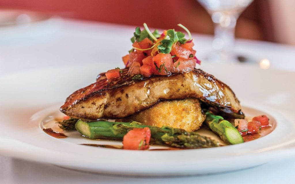 seared foie gras with crispy polenta cake, watermelon basil relish, asparagus tips in balsamic reduction