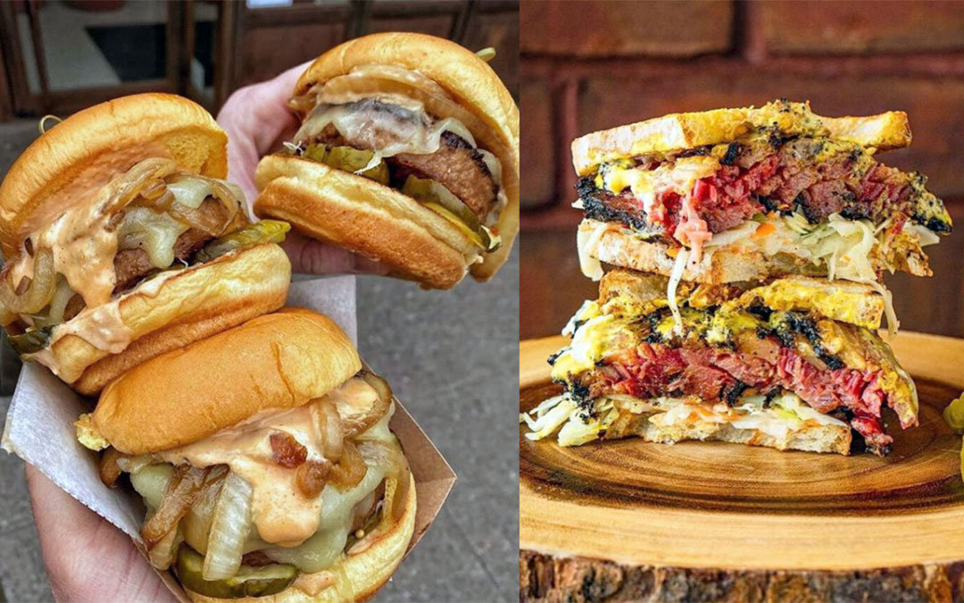 Left: Beyond Burgers from Diller; right: a sandwich from Izzy’s BBQ.