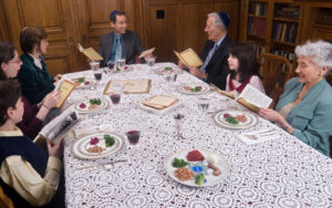 A family celebrates the the first night of Passover