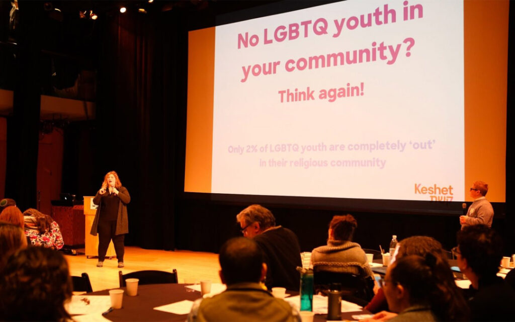 Keshet staff are shown conducting an LGBTQ sensitivity and inclusion training session in a New York synagogue.