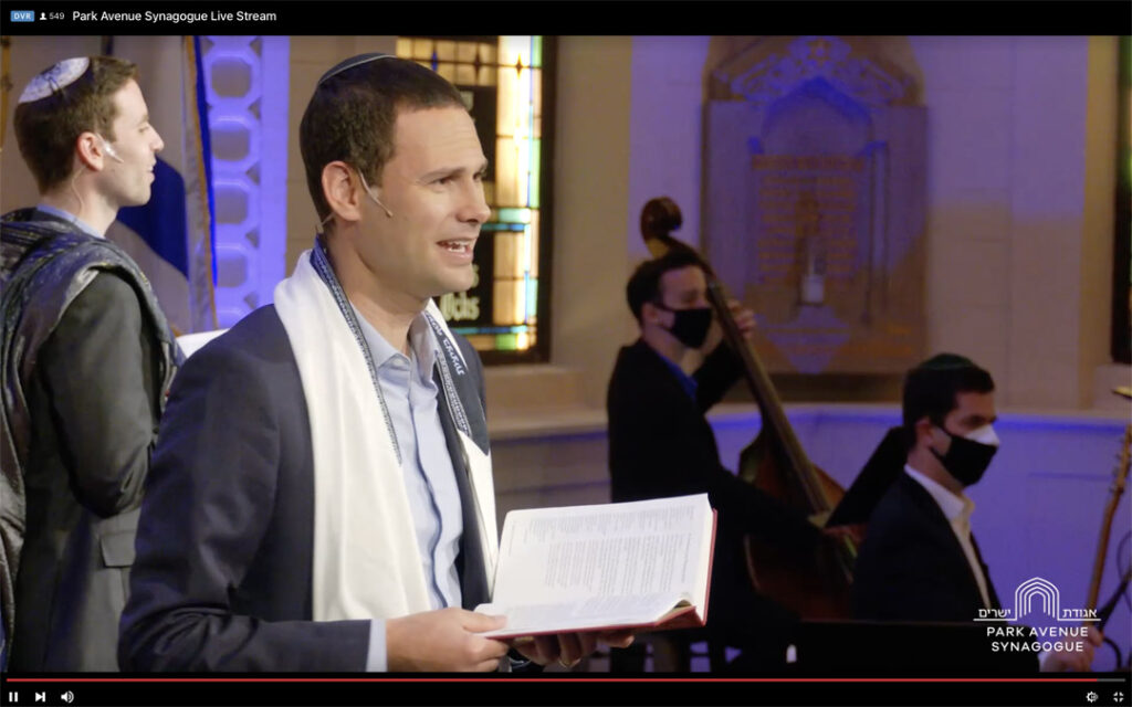 (Left to Right): Cantoral Fellow Joshua Rosenberg, Cantor Azi Schwartz, members of the PAS ensemble during Park Avenue Synagogue Live Stream.