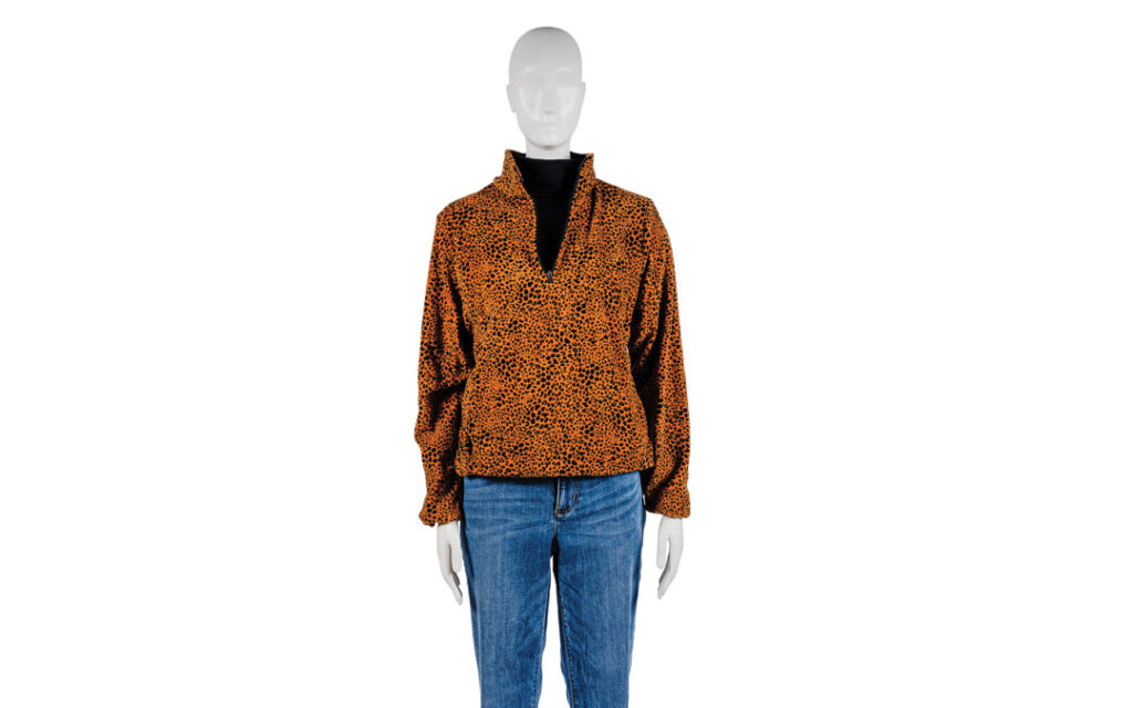 H2O Blue High Rise Straight Jeans, Black Turtle Neck and a Quarter Zip Fleece Pull-Over in Burnt Caramel Leopard Print from Lands End