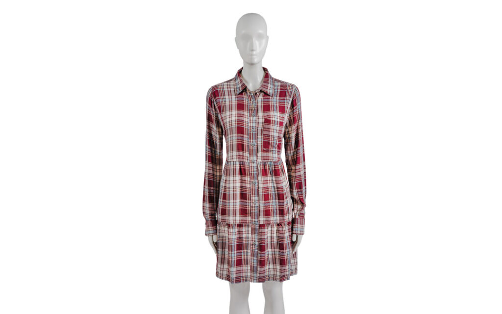 Plaid Tiered Pocket shirtdress in Red Raisin