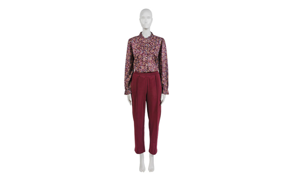 Floral Pintucked Ruffle Blouse paired with Pintucked Tapered Pants in Crepe