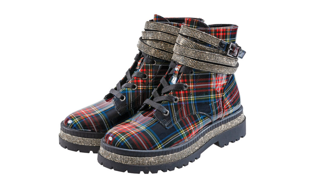 essica Simpson, Blue Combo Academy Plaid Patent boot