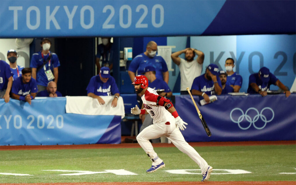 Members of Team Israel react with dismay as a player from the Dominican Republic hits a game-winning single to knock Israel's baseball team out of competition in the Tokyo Olympics, Aug. 3, 2021.