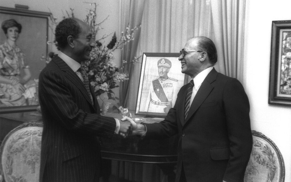 The late Israeli Prime Minister Menachem Begin(right) is shown here with his Egyptian counterpart, Anwar Sadat.