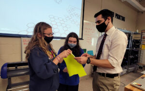 Beth Tfiloh tenth grade students consult with Director of STEM Education Vince Bonina.