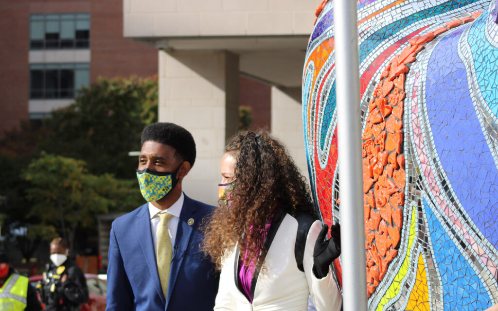 Mayor Brandon Scott and Art with a Heart Director of Community Service and Public Art Ali Mirsky