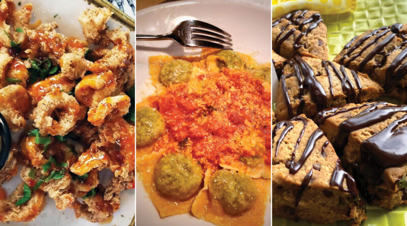 calamari, ravioli , scones
