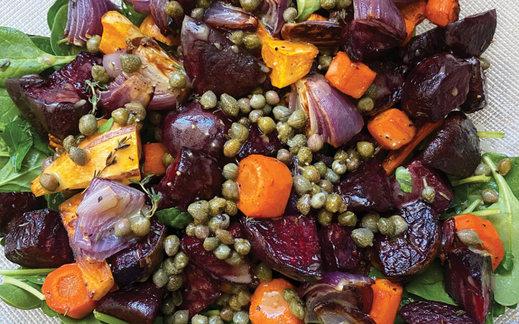 Warm roasted veggies salad with honey mustard vinaigrette