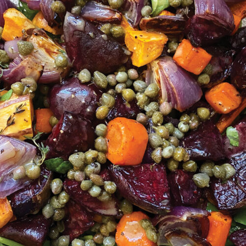 Warm roasted veggies salad with honey mustard vinaigrette