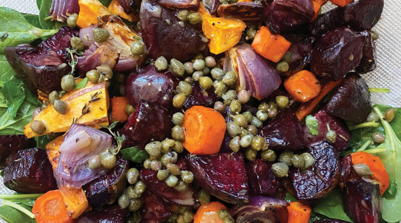 Warm roasted veggies salad with honey mustard vinaigrette