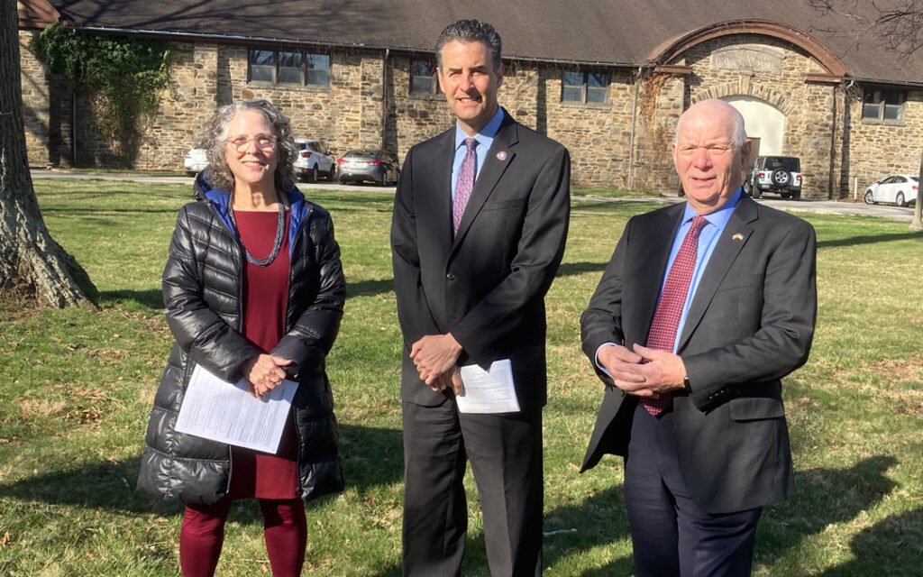 Shown here at the ceremony are (left to right) Shelley Hettleman, president of the Pikesville Armory Foundation, Rep. John Sarbanes and Sen. Benjamin L. Cardin. (Provided photo)