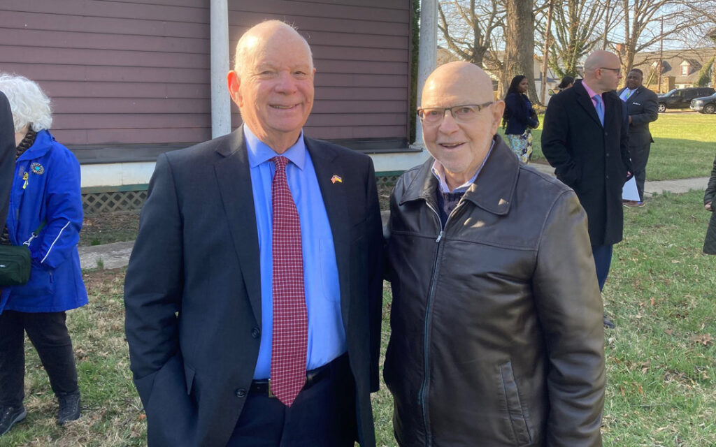 Sen. Benjamin L. Cardin (left) catches up with a Pikesville Armory project supporter. (Provided photo)