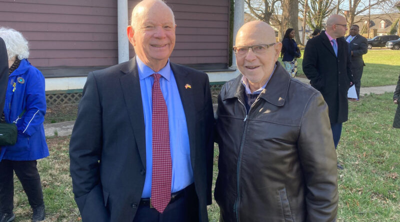 Sen. Benjamin L. Cardin (left) catches up with a Pikesville Armory project supporter. (Provided photo)