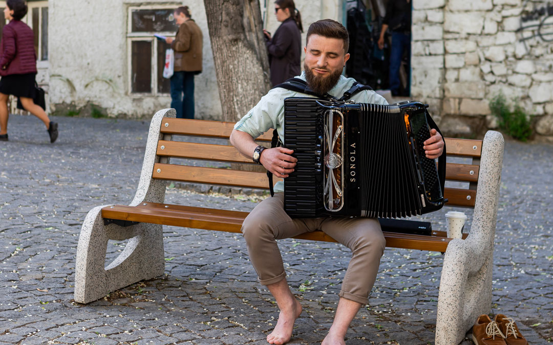An accordion player entertains the Beth Tfiloh delegation and others in the Moldovan capital of Chisinau.