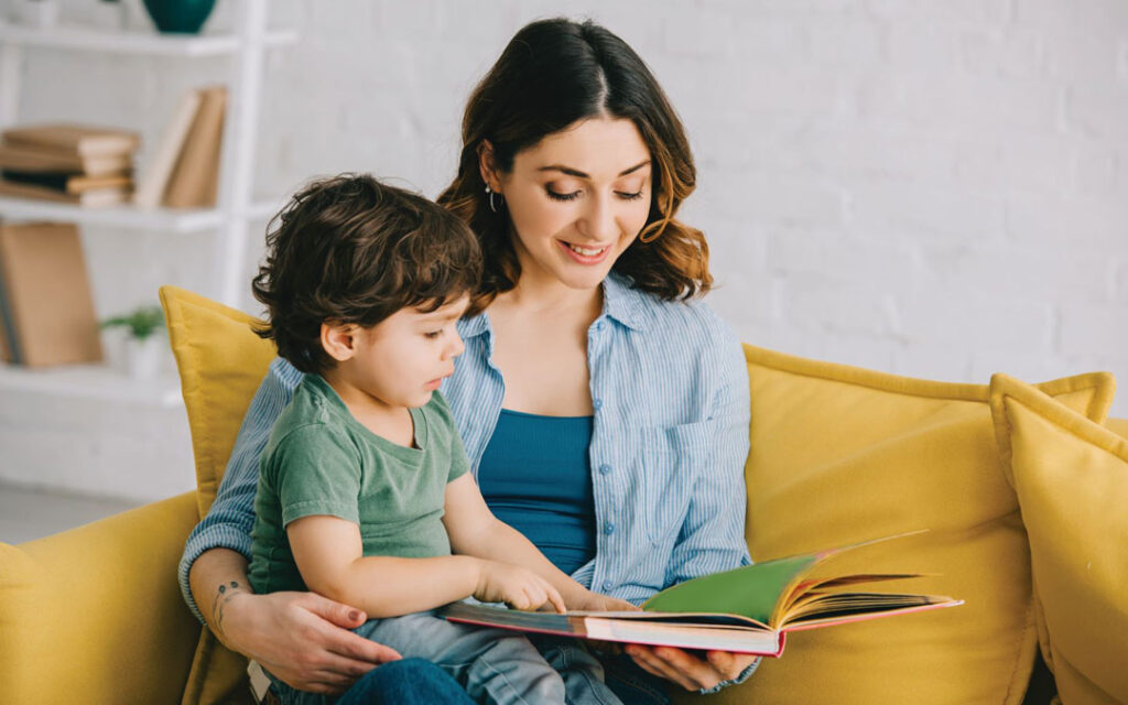 mother and son reading