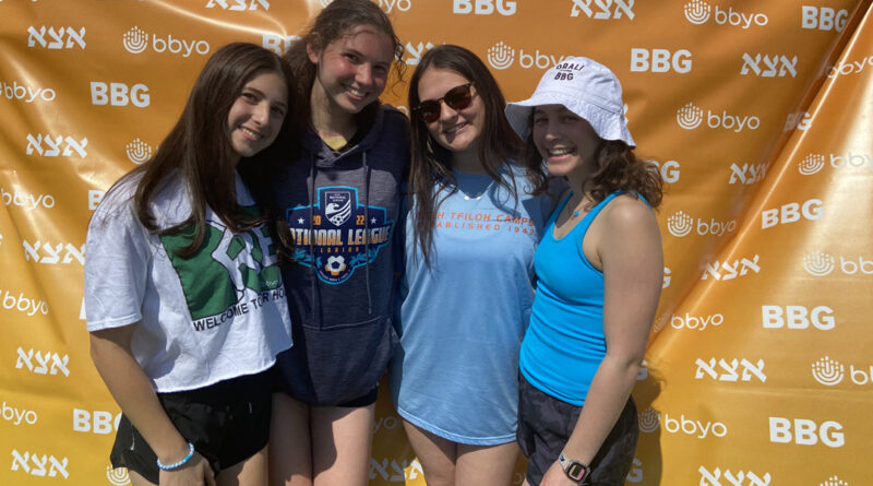 (Left to right) Baltimore BBYO'ers Rachel Keane, Rebecca Fishkin, Lily Wolf and Rylin Bloom come together to help make projects for Ukrainian refugees.