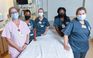 UMMC registered nurse and clinical nurse educator Liz Cushing (far left) with nursing students (left to right) CJ Lucombe, Charlotte Holdrich, Yasmie Opawoye and Cathy Mellor.