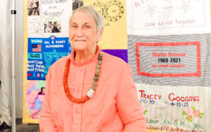 Sandie Nagel with National COVID-19 Quilt
