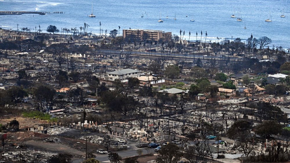 aerial image of Lahaina in the aftermath of wildfires