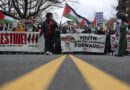 Demonstrators gather outside of the Israeli Embassy