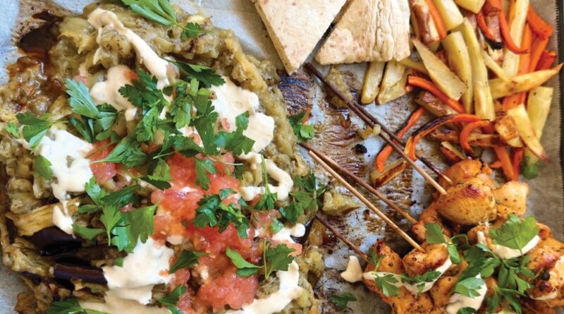 Chicken Skewers with Roasted Eggplant Salad and Baked Fries