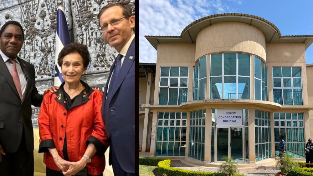 Left: Zambia native Aviva Ron (center) is flanked by Zambian President Hakainde Hichilema and Israeli President Isaac Herzog in Israel in August of 2023. Right: The Hebrew Congregation Building at Copperbelt University Medical School was built with donations fromZambia’s departed Jewish community. 