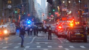 A view of the scene following a mass shooting attack in Manhattan on July 28.